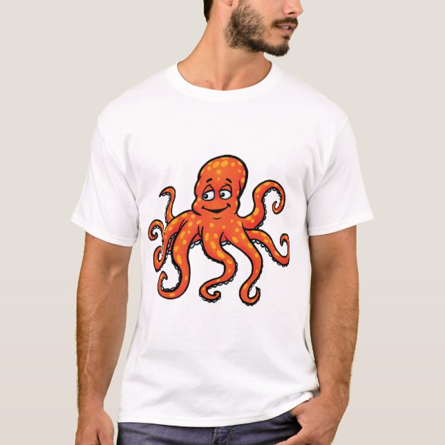 T-shirt Orange Octopus Cartoon Ocean Sea Creature (Devant)