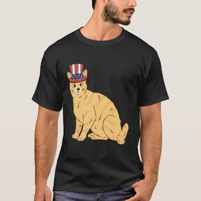 T-shirt Orange Tabby Cat 4 juillet Us American Flag Part (Devant)