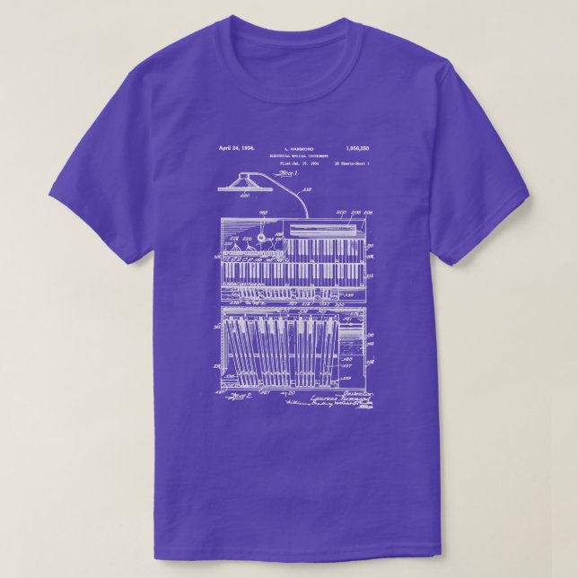 T-shirt Orgue Hammond Brevet encre blanche (Design devant)