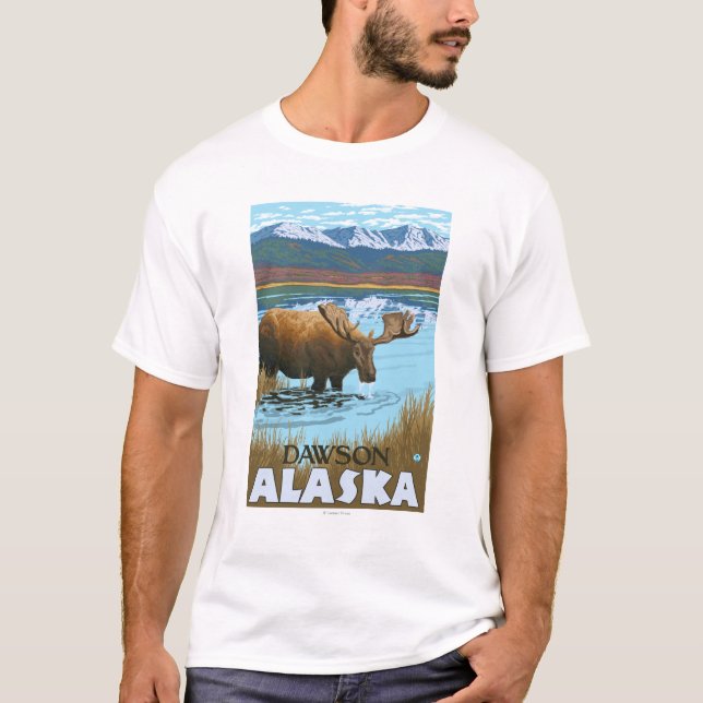 T-shirt Orignaux buvant au lac - Dawson, Alaska (Devant)