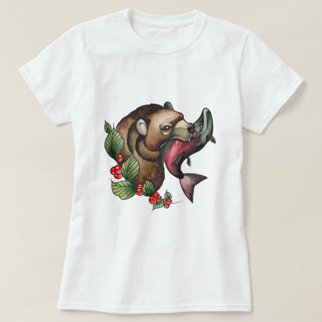 T-shirt Ours d'aquarelle et poisson Saumon (Design devant)