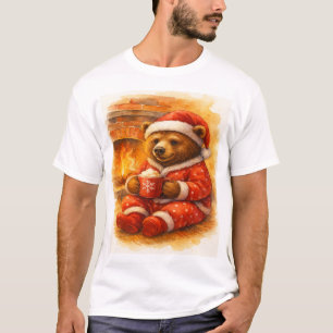 T-shirt Ours de Noël en pyjama rouge près de la cheminée