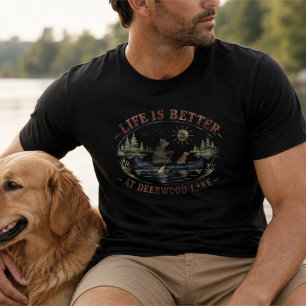 T-shirt Ours et chien drôle vintage dans une scène de lac