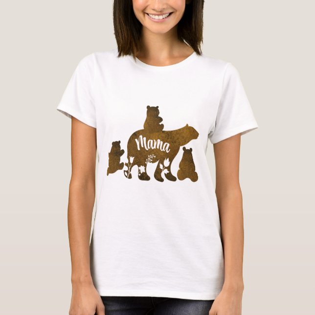 T-shirt Ours Mama Avec 3 Bébés Ours Cubs Après Maman (Devant)