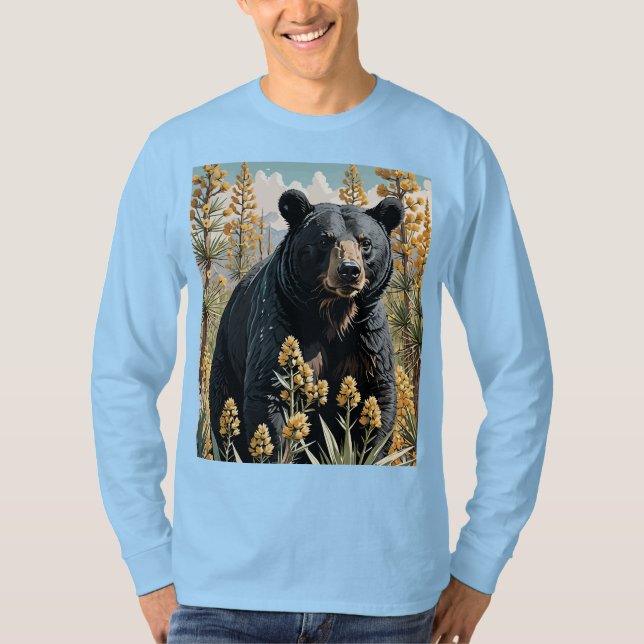 T-shirt Ours Noir Entouré De Fleur Yucca 4 (Devant)