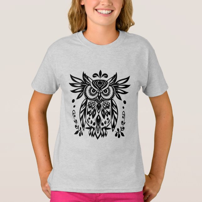T-shirt Owl Lovers Rustic Woodlands Black White Bohemian  (Devant)