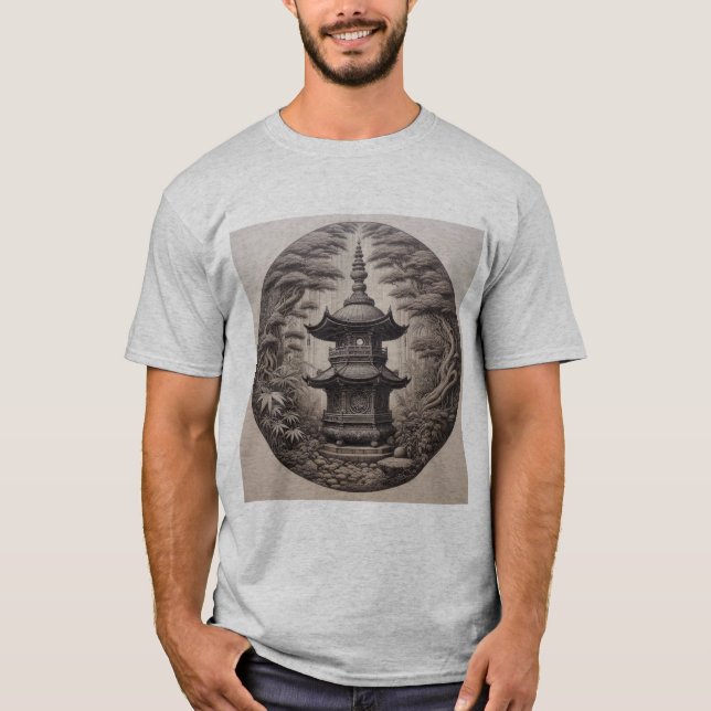 T-shirt Pagoda Asiática en Bosque Tropical en Ilustración  (Devant)