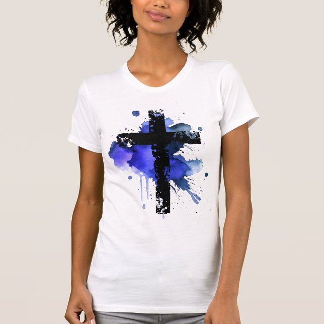 T-shirt Paint Splatter Croix chrétienne - Bleu (Devant)