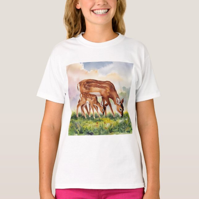 T-shirt Painted Deer Mom and Baby (Devant)