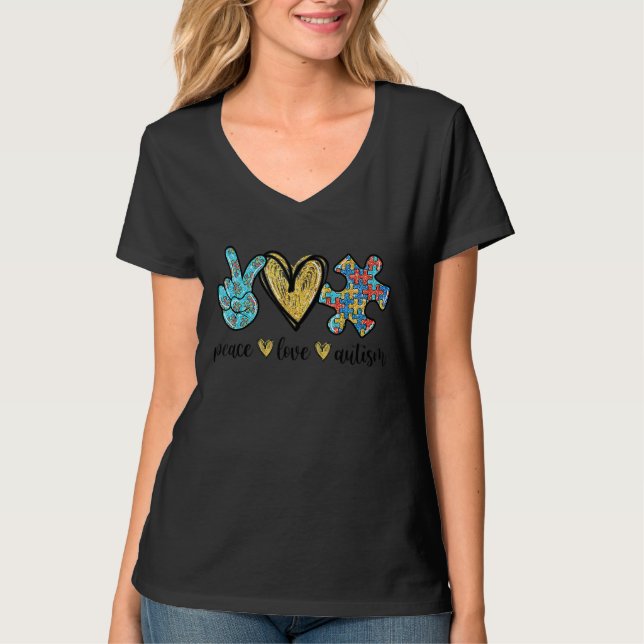 T-shirt Paix Amour Autisme Paix Coeur Main Puzzle Femmes G (Devant)