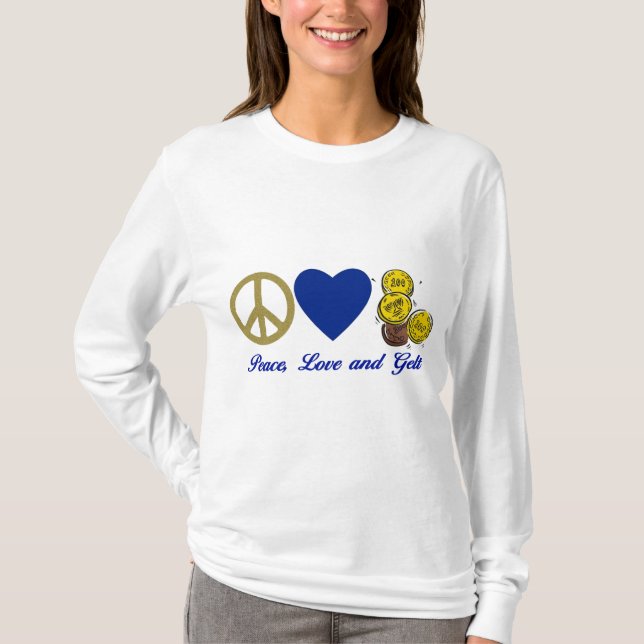 T-shirt Paix, Amour et Gelt Hanoukka Tee - shirts et cadea (Devant)