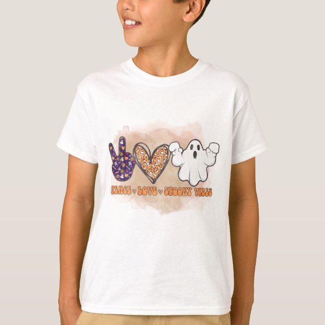 T-shirt Paix, Amour et Vibes Éffrayantes Fantôme Halloween (Devant)