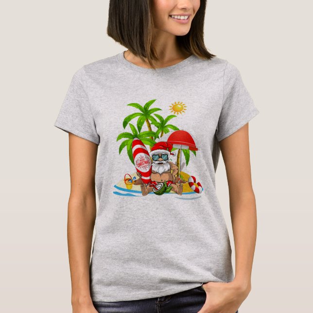 T-shirt Pajamas de Noël d'été Père Noël Surfing Drôle Noël (Devant)