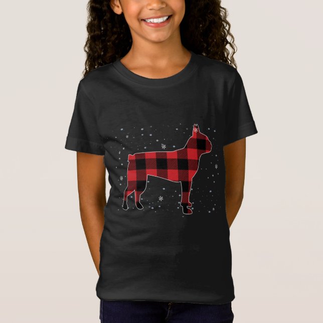 T-Shirt Pajamas de Noël Red Plaid Buffalo Boston Terrier (Devant)