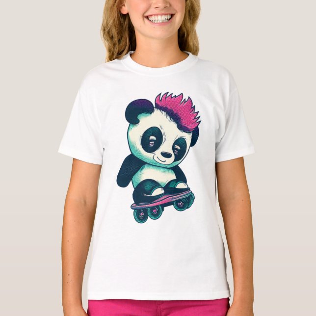 T-shirt Panda bébé mignonne avec mohawk | Panda de patinag (Devant)
