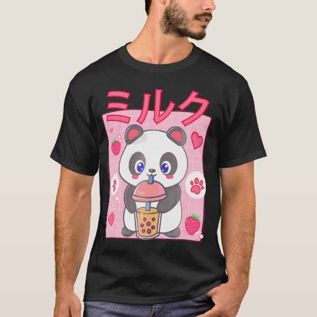 T-shirt Panda Boba Tea Buble Tea Anime Kawaii fraise (Devant)