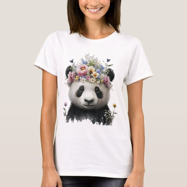T-shirt Panda Floral Aquarelle Cute (Devant)