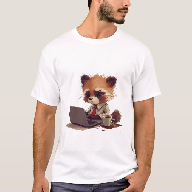 T-shirt Panda rouge Kawaii Travailler sur ordinateur porta (Devant)