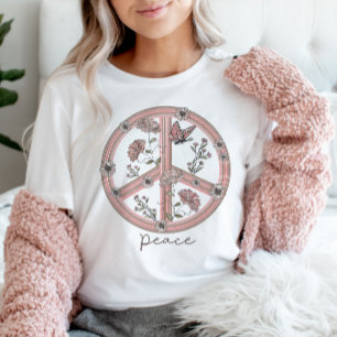 T-shirt Panneau de Paix Boho Floral Butterfly Girl Retro