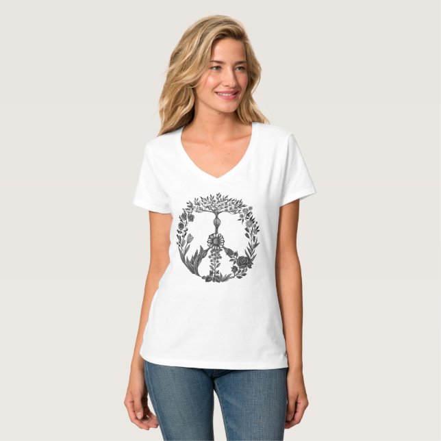 T-shirt Panneau de Paix Florale Crayon Dessin mignon Elega (Devant entier)
