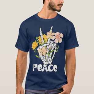 T-shirt Panneau Paix Fleurs Et Squelette Main Paix Retro B