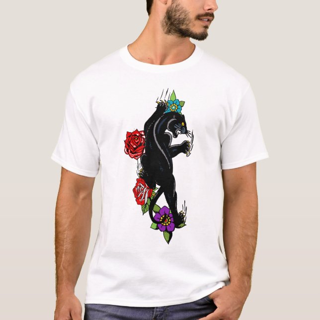 T-shirt panthere noire tattoo old school fleur rose 61 (Devant)