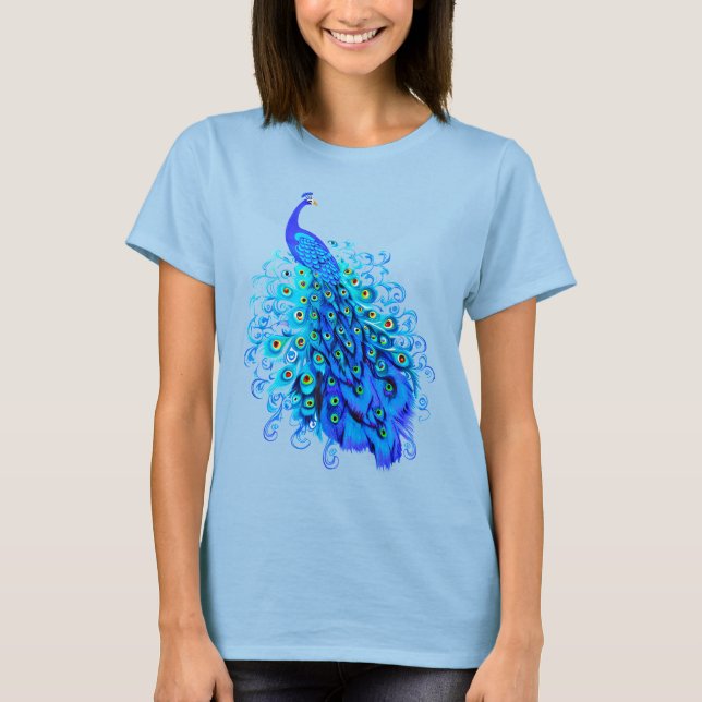 T-shirt Paon en turquoise et bleu de cobalt  (Devant)