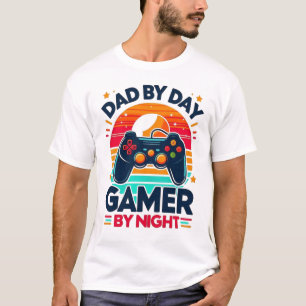 T-shirt Papa le jour, joueur la nuit : manette Sunset rétr