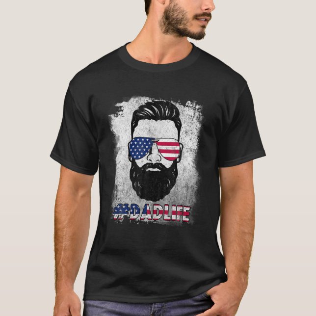 T-shirt Papa Life Beard Lunettes de soleil USA Drapeau Fêt (Devant)