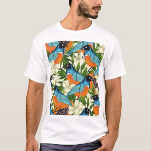T-shirt papaye tropicale et motif d'oiseaux.