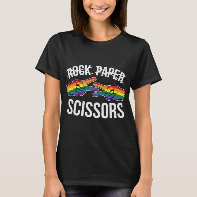 T-shirt Papier-Pierre-Ciseaux-Lesbienne-Arc-En-Ciel (Devant)