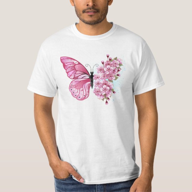T-shirt Papillon à fleurs avec Sakura rose (Devant)