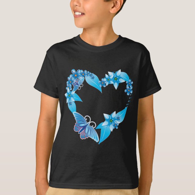 T-shirt Papillon bleu coeur floral (Devant)