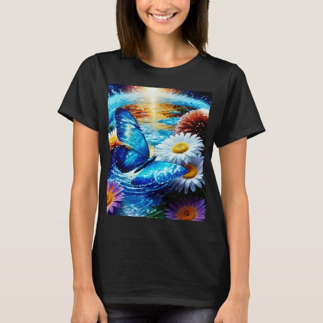 T-shirt Papillon bleu et marguerites (Devant)
