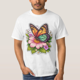 T-shirt Papillon Coloré sur Fleur Pictural nature