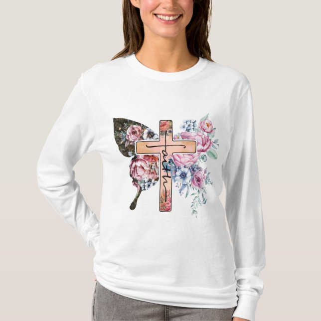 T-shirt Papillon Croix Foi floral (Devant)