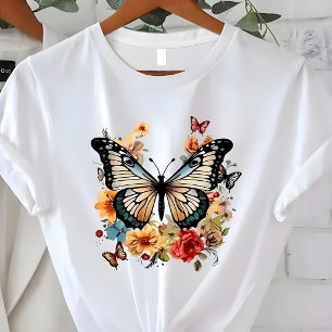 T-shirt Papillon Élégant Graphisme Floral de la Nature