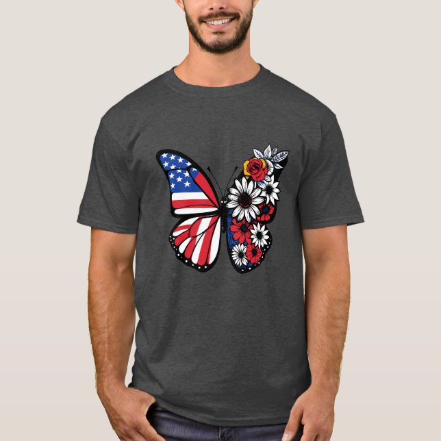T-shirt Papillon en fleurs patriotique - Étoiles, rayures  (Devant)
