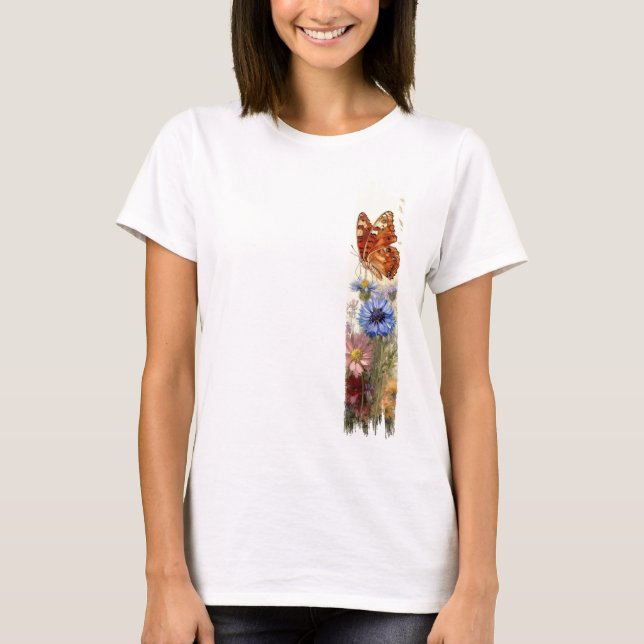 T-shirt Papillon entre Fleur sauvage brosse à peinture (Devant)