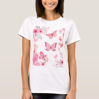 T-shirt Papillon floral de jardin à l'aquarelle rose
