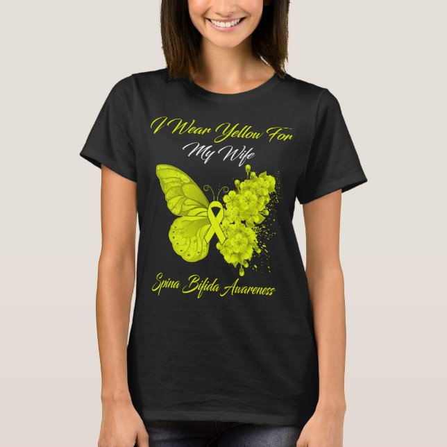 T-shirt Papillon Je Porte Jaune Pour Ma Femme Spina Bifida (Devant)