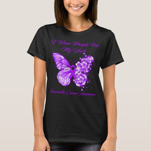 T-shirt Papillon Je Porte Violet Pour Mon Oncle Pancréatiq (Devant)