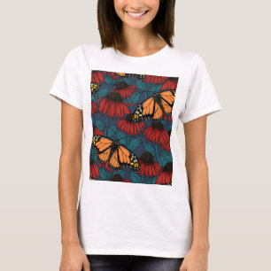 T-shirt Papillon monarque sur des fleurs rouges 