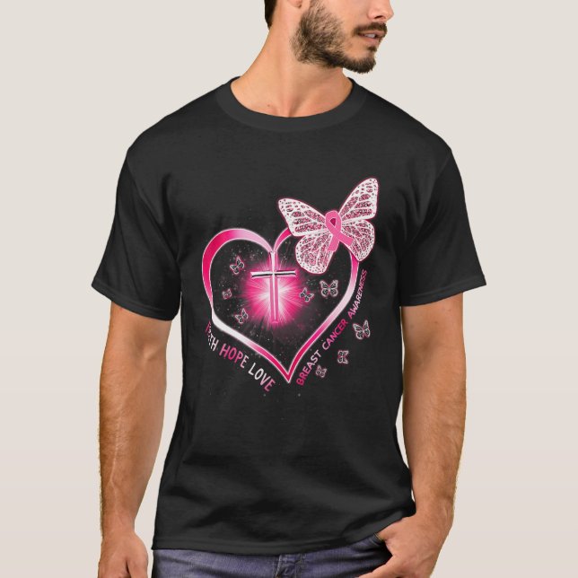 T-shirt Papillon rose Croix Foi Espoir Amour Cancer du sei (Devant)