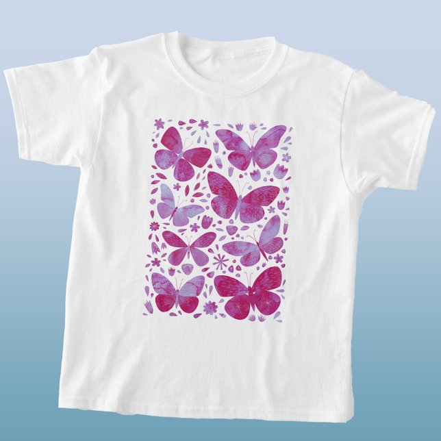 T-shirt Papillons Aquarelle Magenta Rose (Magenta pink watercolor butterfly t-shirt)