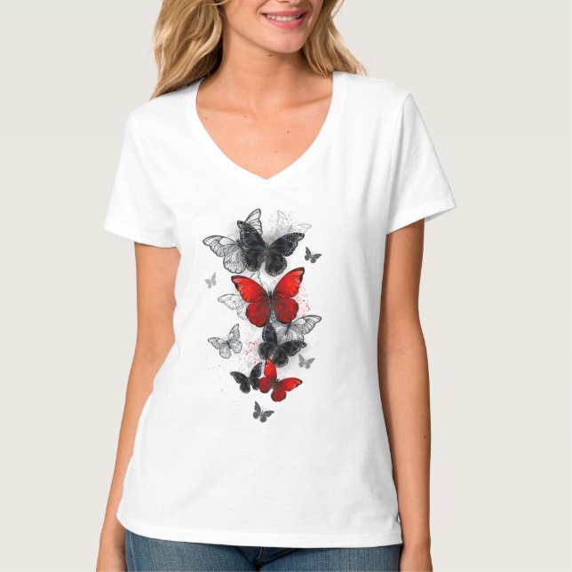 T-shirt Papillons noirs et rouges volants (Devant)