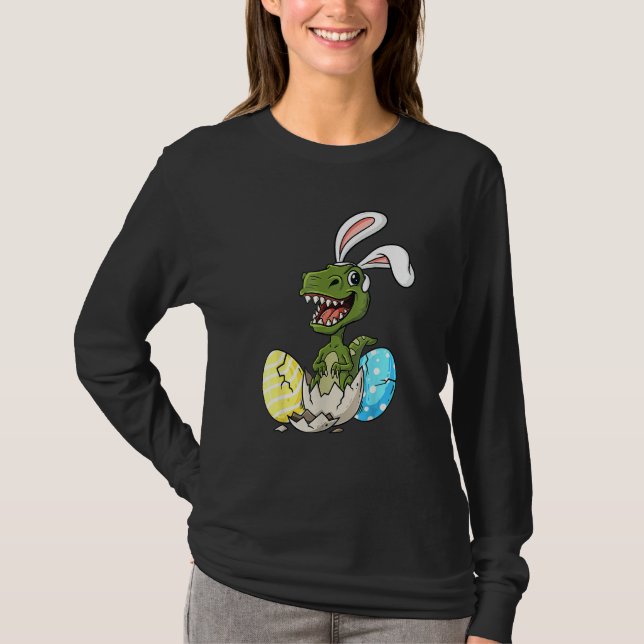 T-shirt Pâques Jour T Rex Avec Lapin Oreilles Oeufs Garçon (Devant)