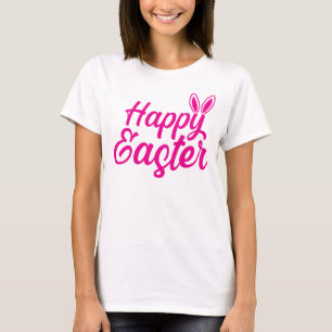 T-shirt Pâques Joyeuses, Oreilles Lapines Sur Texte Rose