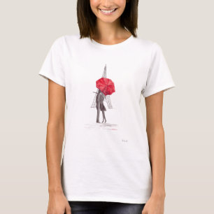 T-shirt Paris amoureux couple avec parapluie rouge