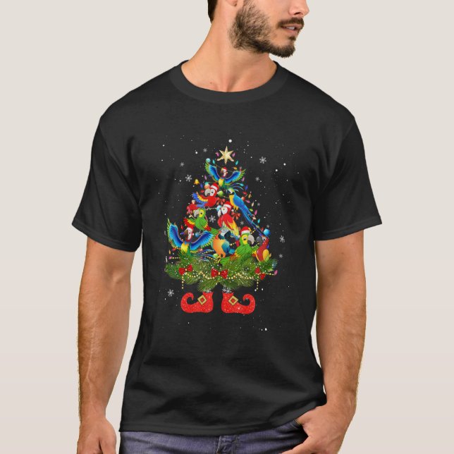 T-shirt Parrots Arbre de Noël Lumières Drôle Santa Hat Amo (Devant)